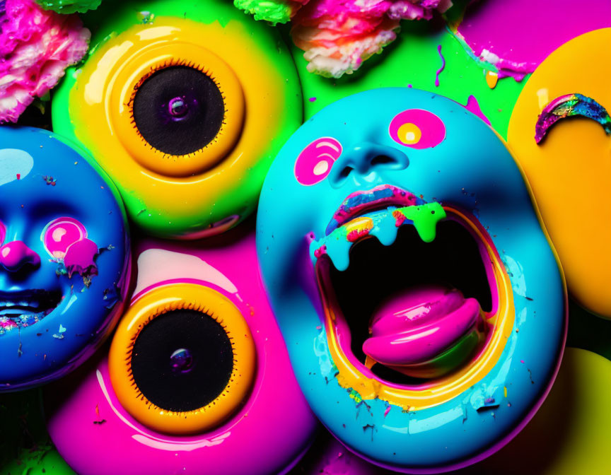 Colorful anthropomorphic donuts with paint-like icing in surreal image