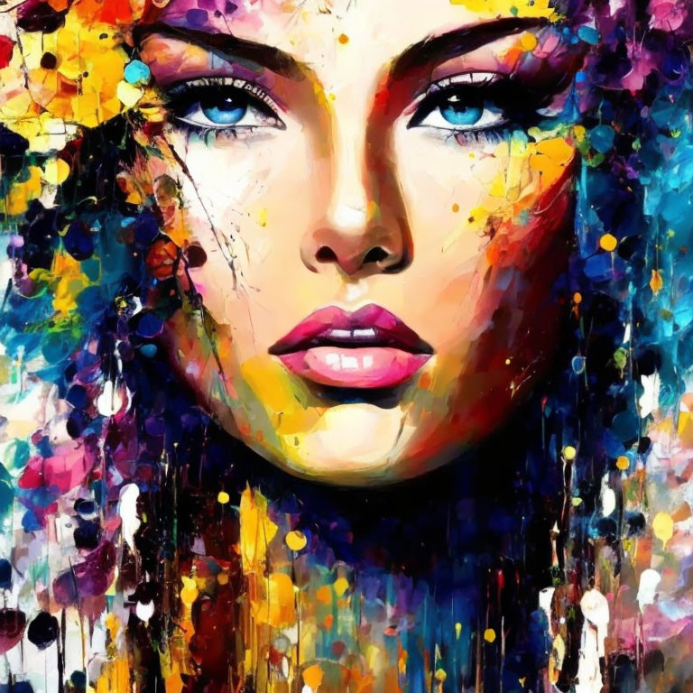 Abstract portrait of a woman with vibrant blue eyes and colorful splashes