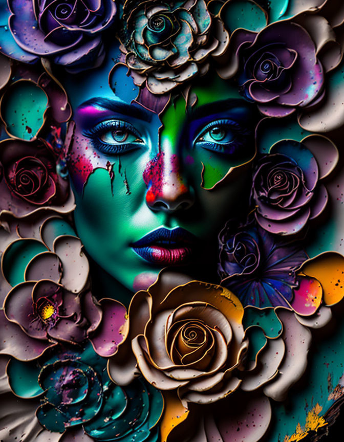 Colorful digital artwork: Woman's face with floral patterns and paint effects