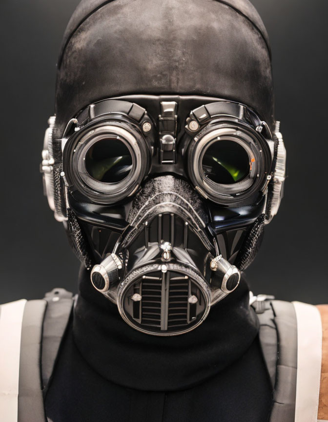 Person in Black Gas Mask Against Dark Background