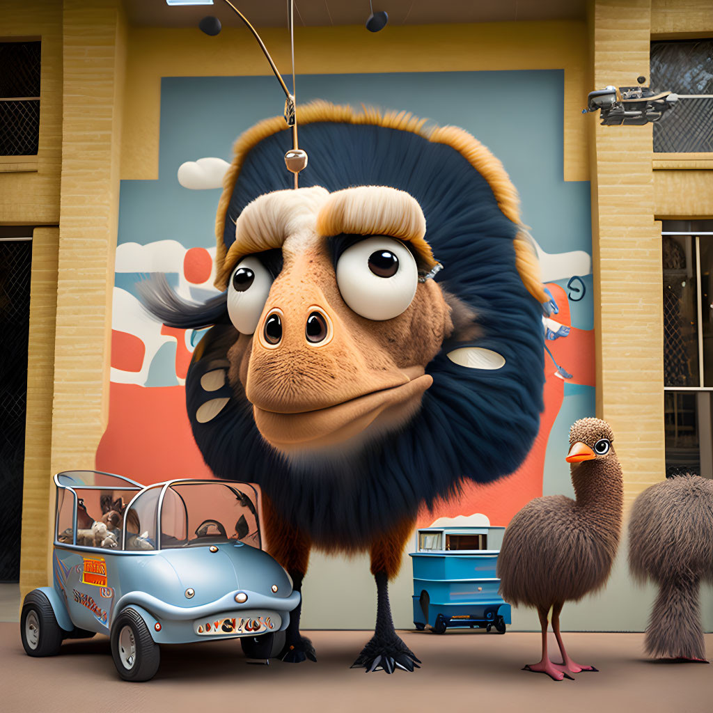 Cartoonish monkey illustration hoisted by crane with vintage cars and bird in zoo setting