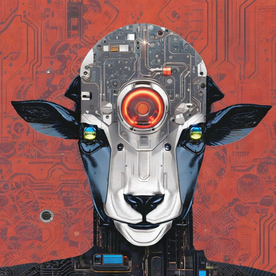 Digital artwork: Sheep's head merges with robotic elements on red circuit background