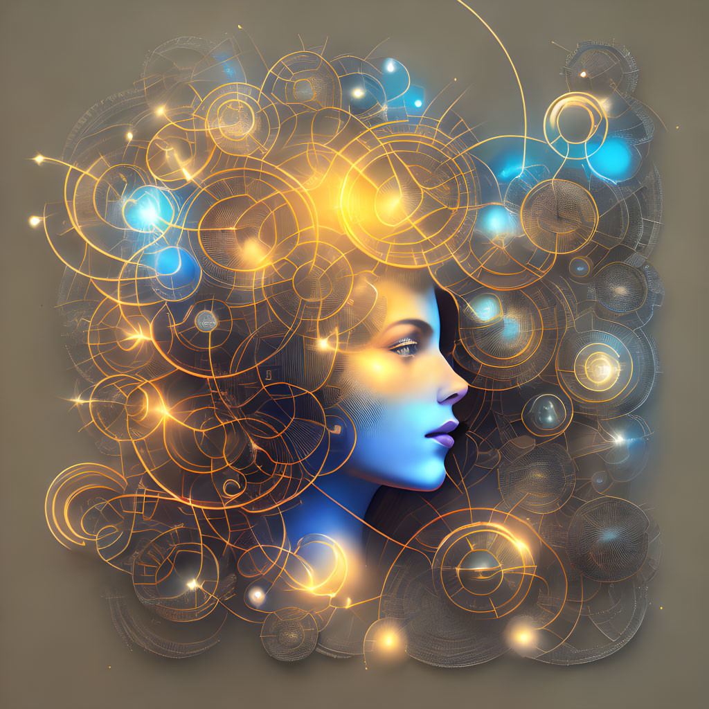 Digital Artwork: Woman in Profile with Glowing Geometric Pattern