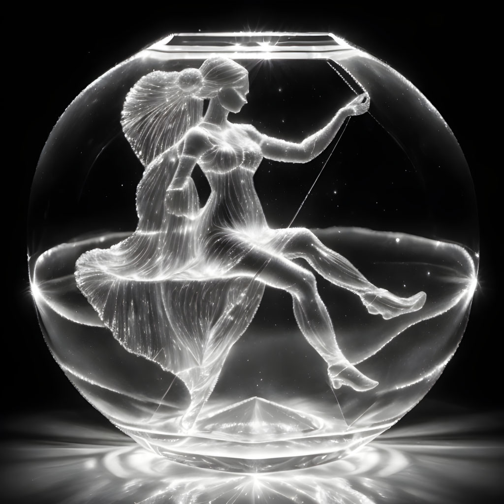 3D glass etching of a woman fishing in spherical crystal structure