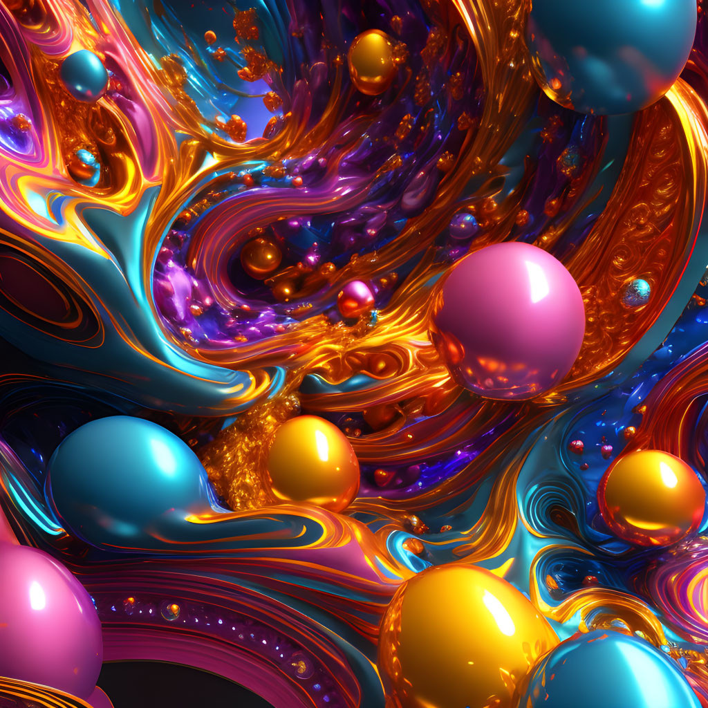 Vibrant Abstract Swirling Pattern with Shiny Spheres in Blue, Pink, and Gold