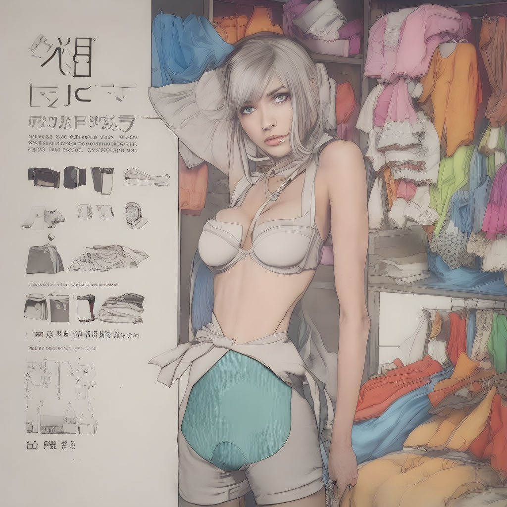 Illustrated character with clothing design sketches and colorful fabrics