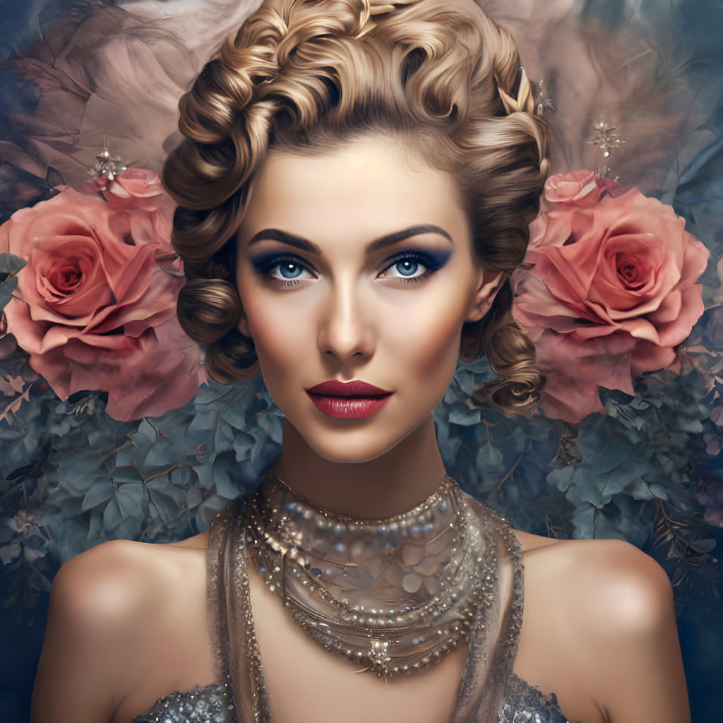 Stylish woman portrait with blue eyes, pearls, and pink roses on textured blue backdrop