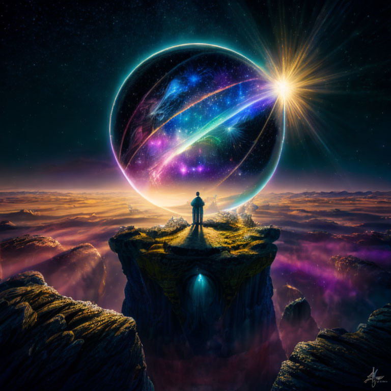 Person on Cliff Edge Overlooking Cosmic Sphere and Celestial Event