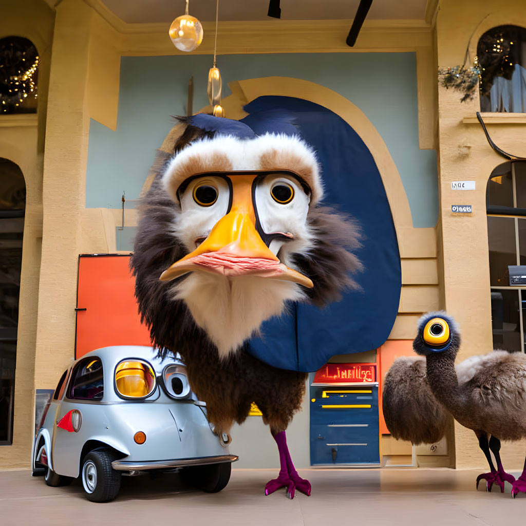 Person in comical bird costume with emu and vintage car indoors