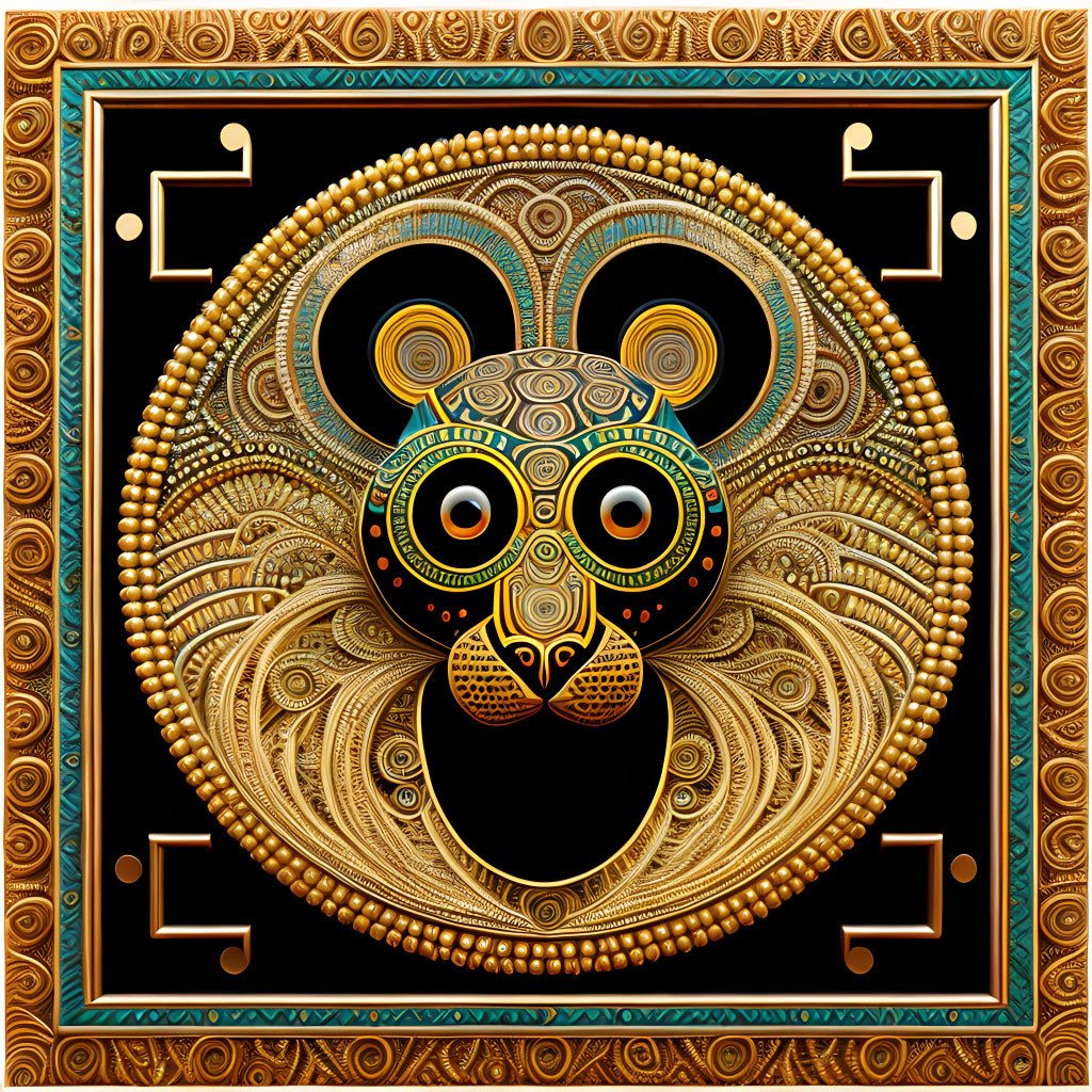 Golden Lion Mandala with Symmetrical Patterns on Black Background