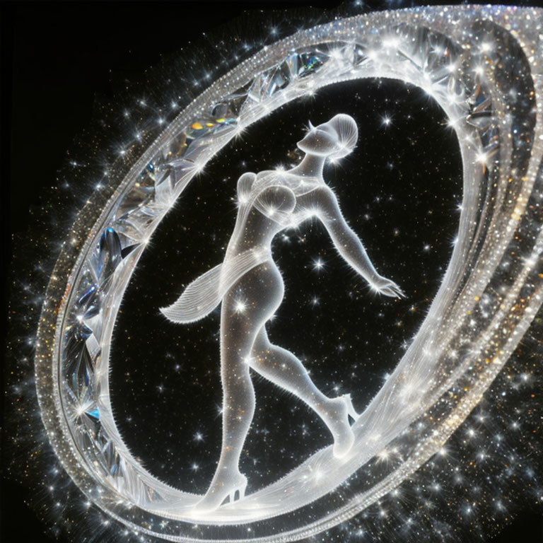 Silhouette of humanoid figure ice skating in oval boundary on starry background