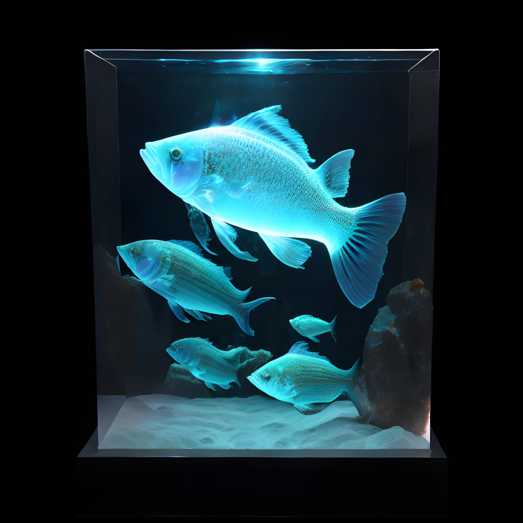 Iridescent Fish Swimming in Glass Tank with Blue Light