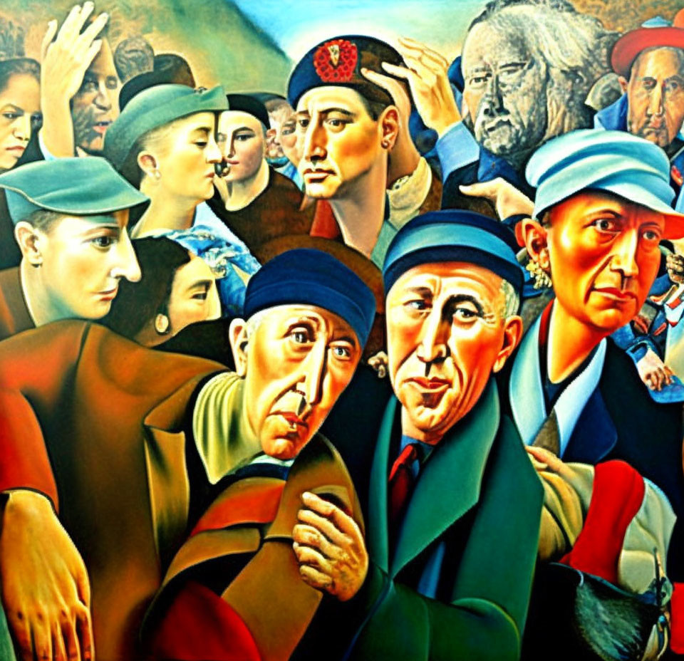 Vibrant painting of stylized people in hats showing community gathering