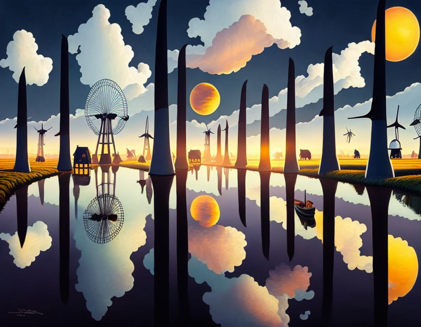 Mirrored surreal landscape: elongated trees, windmills, Ferris wheel, animals, twilight