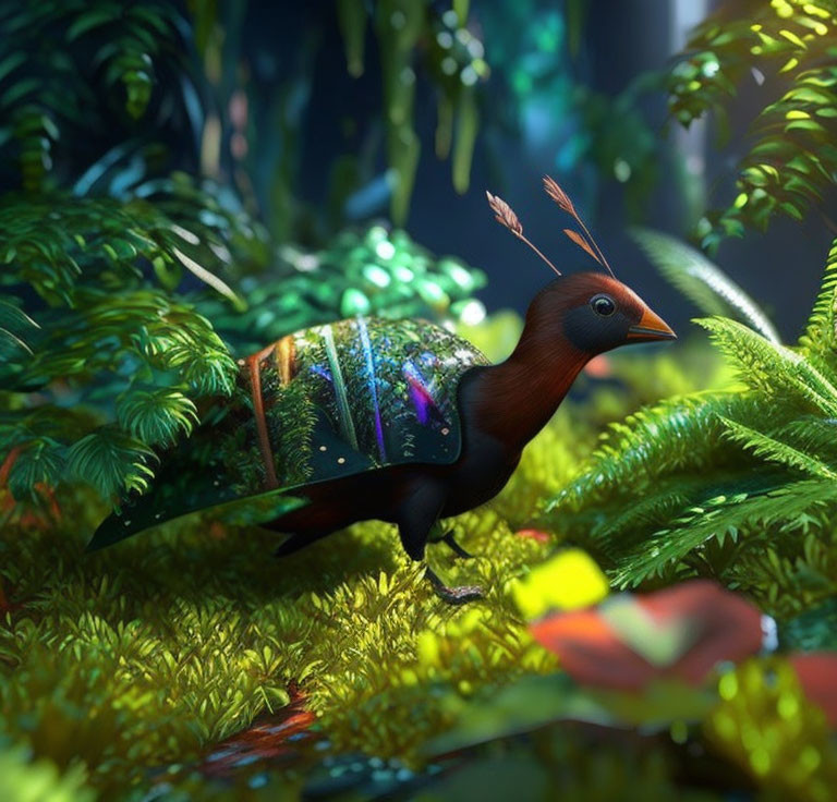 Colorful Bird-Insect Hybrid Artwork in Lush Forest