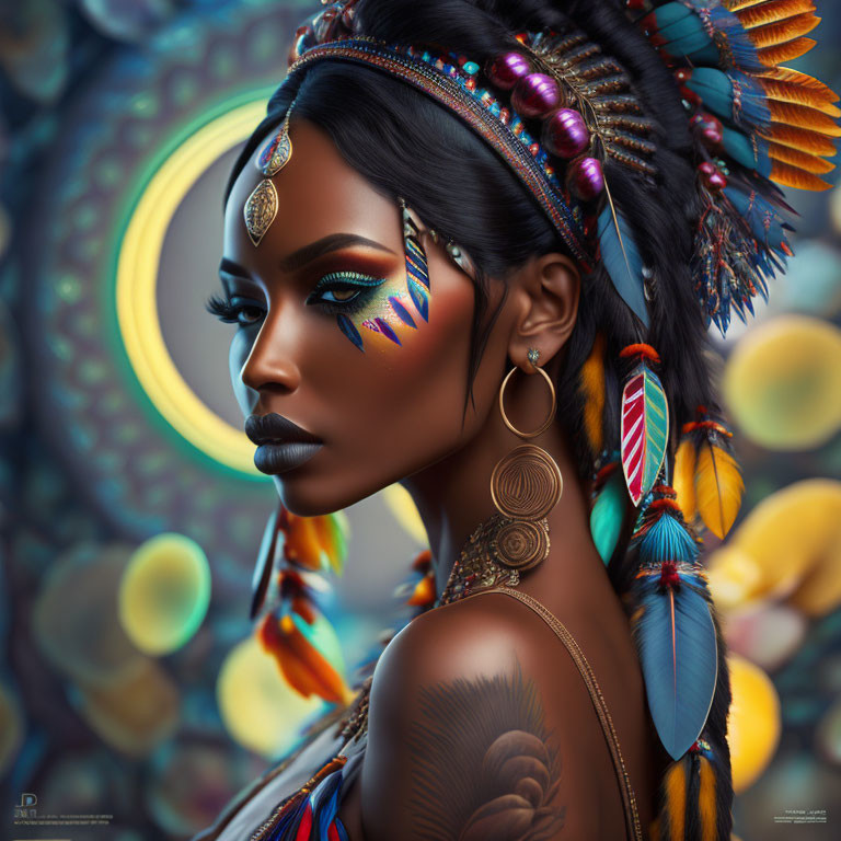 Elaborate tribal makeup and headdress with feathers and beads