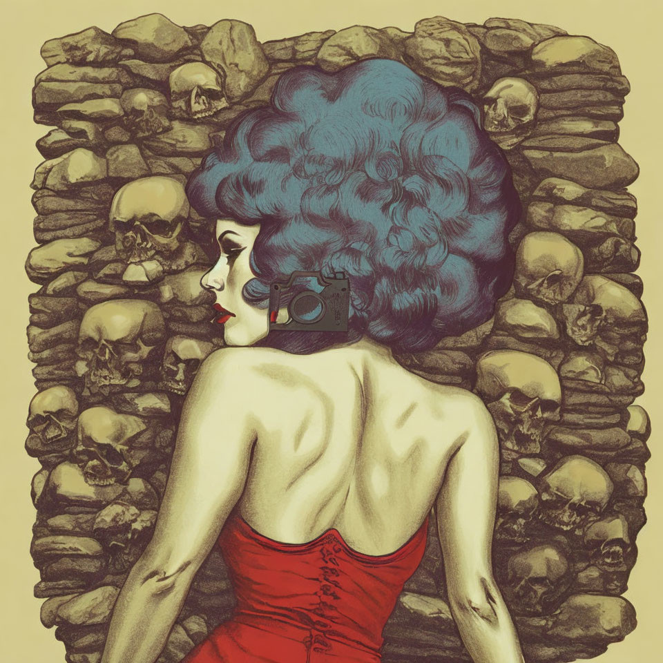 Blue-haired woman in red dress with camera, sitting in front of skull wall