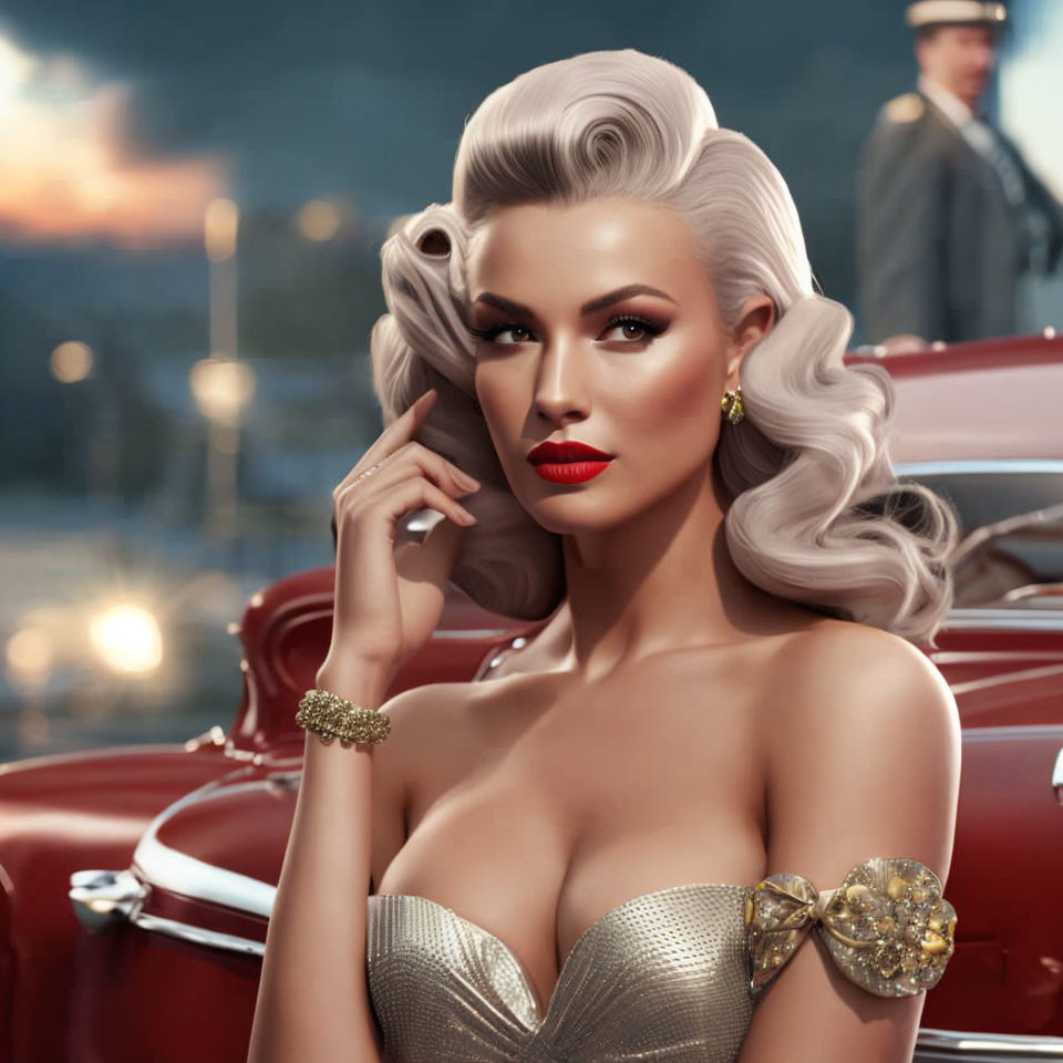 Vintage Style Woman Poses with Classic Car and Elegant Man