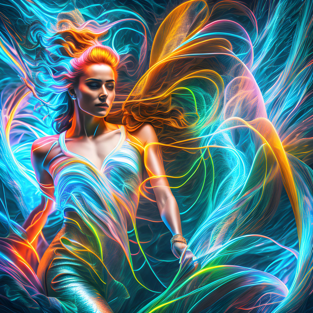 Colorful Digital Art: Woman with Flowing Hair and Neon Lights