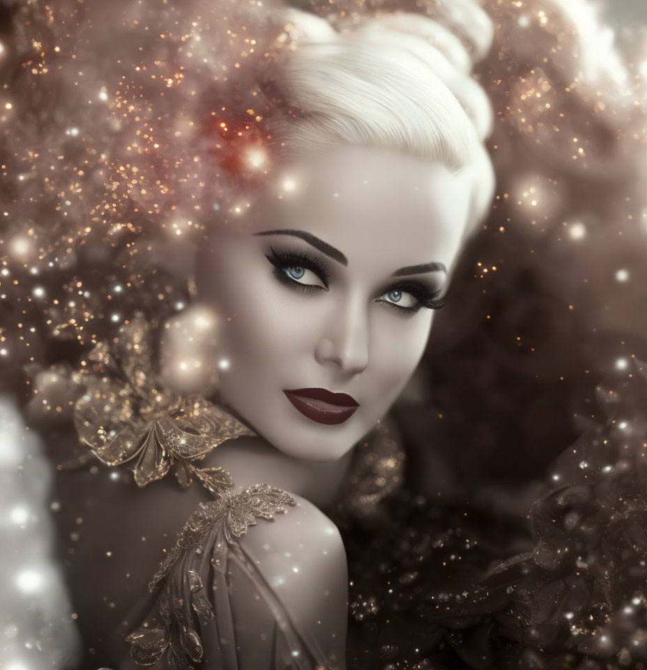 Stylized portrait of woman with blue eyes, platinum blonde hair, dark lipstick