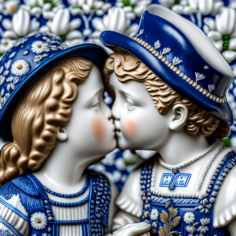 Porcelain figurines in blue and white outfits touching noses among white flowers