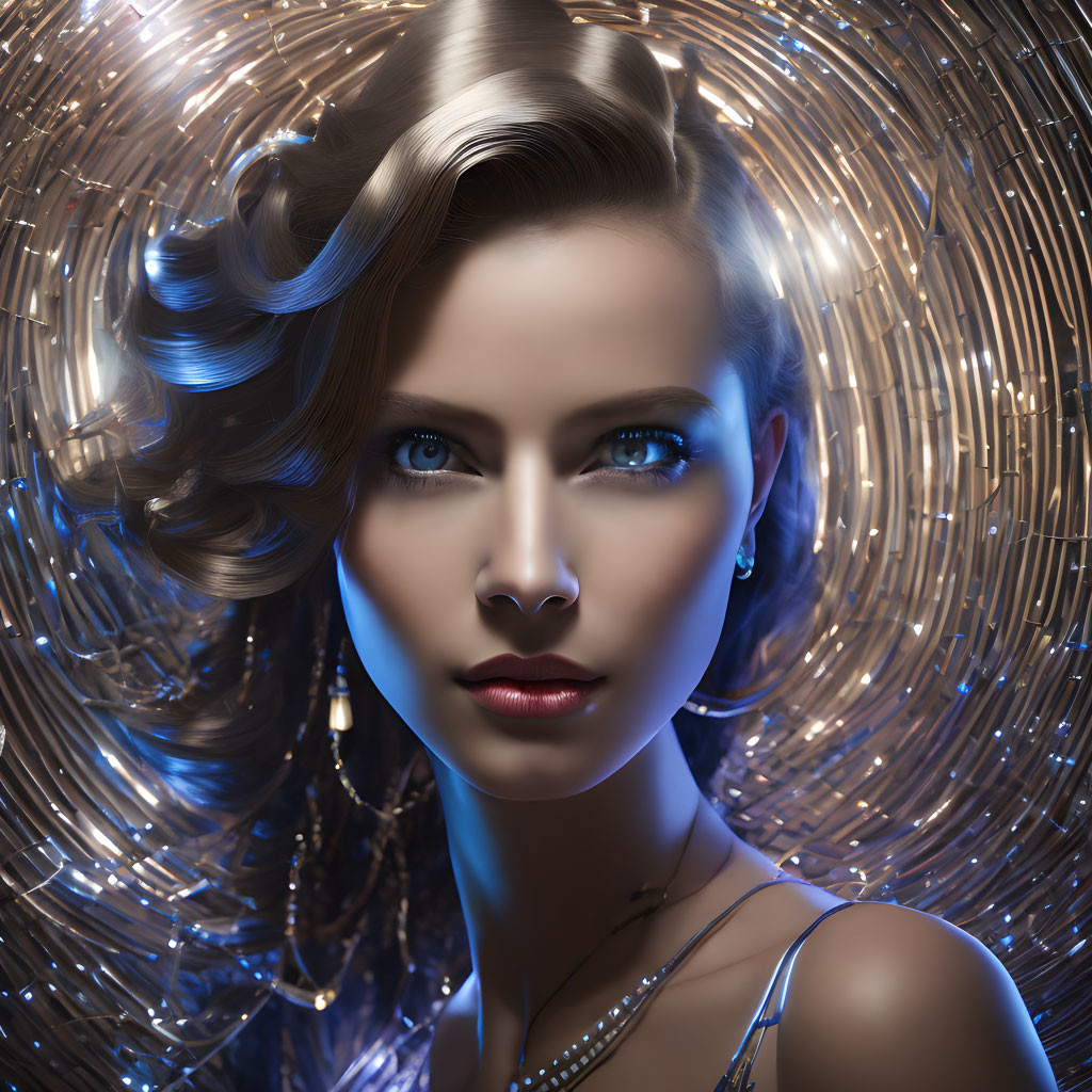 Stylized portrait of woman with wavy hair and blue eyes