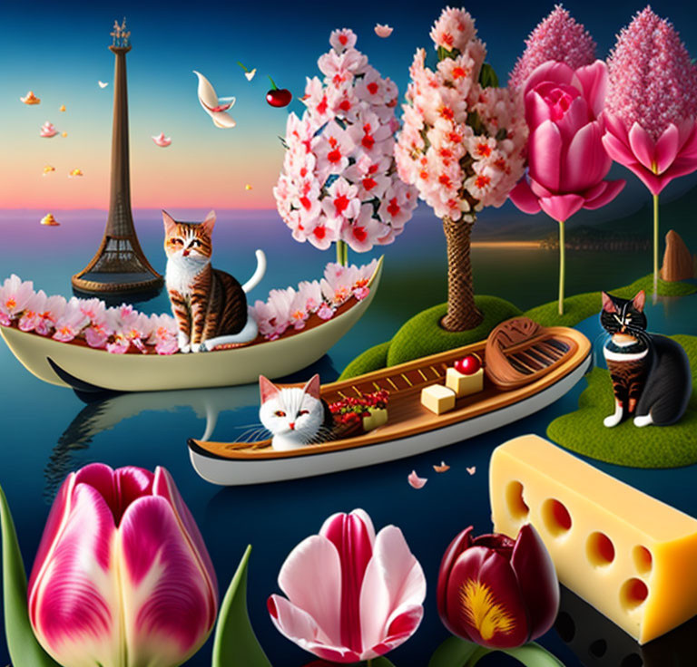 Colorful Cat Artwork with Boats, Flowers, Cheese, and Eiffel Tower