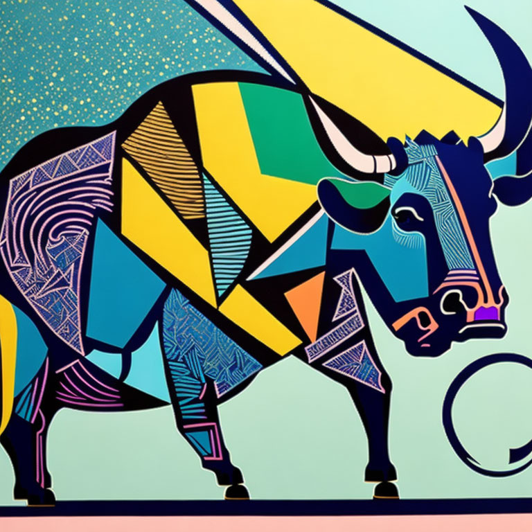 Colorful geometric bull illustration on gradient sky background