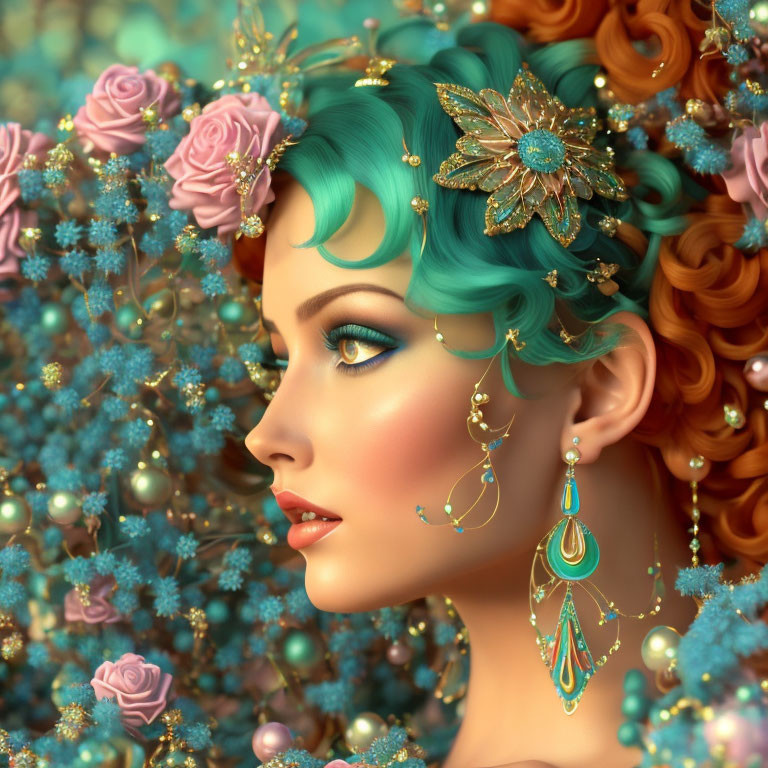 Digital artwork: Woman with aqua hair, golden jewelry, detailed flowers, pearls