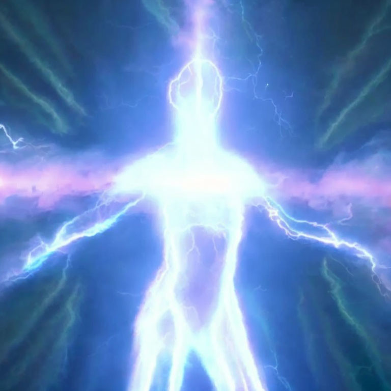 Bright lightning humanoid silhouette against electrified blue clouds