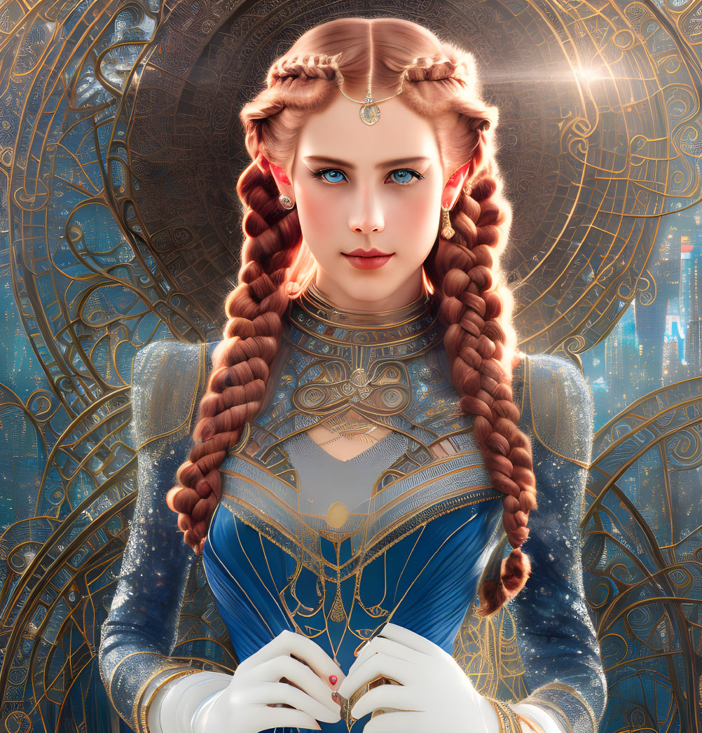 Digital artwork: Woman with blue eyes, braided hair, ornate armor, celestial gears, futuristic