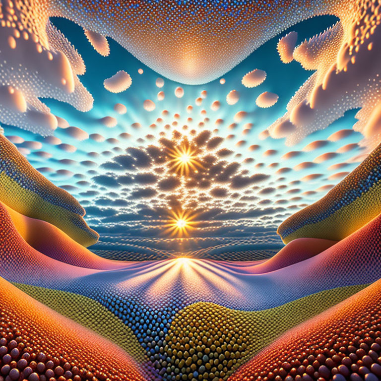 Vibrant psychedelic digital art: Sunset, wavy patterns, reflective water, fractal sky