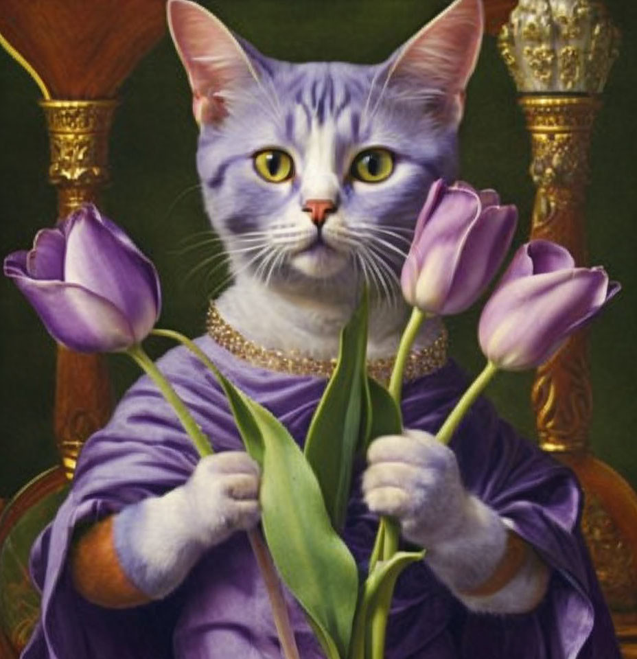 Whimsical cat with human-like features in regal purple attire holding tulips