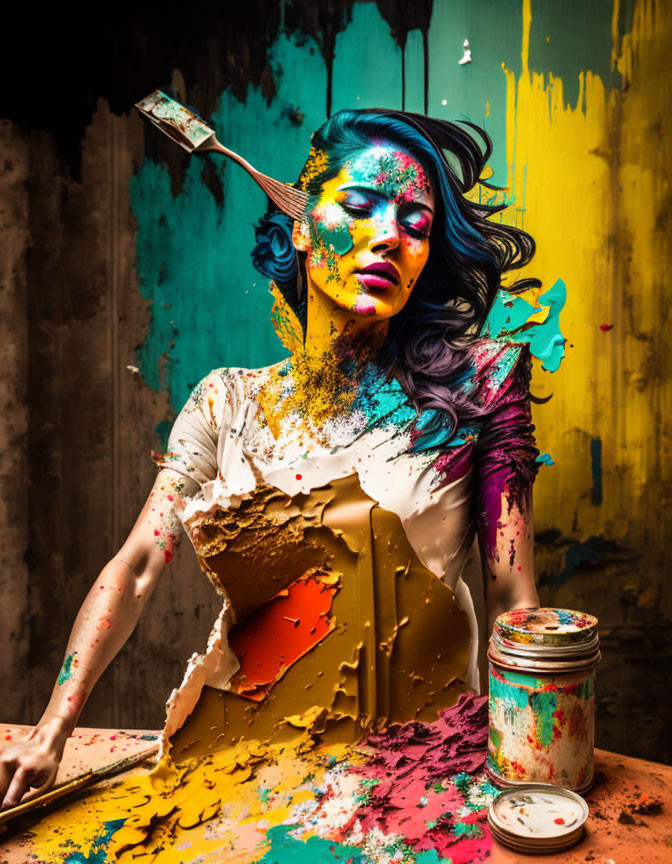 Vibrantly painted woman posing against colorful backdrop