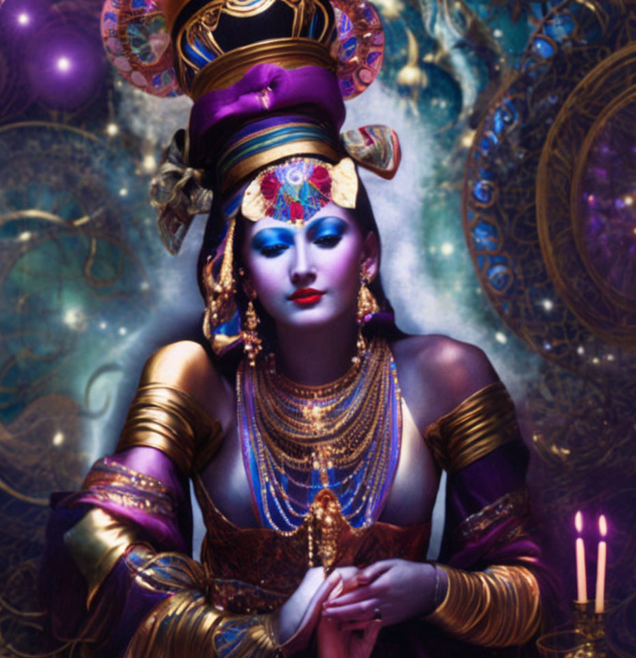 Blue-skinned woman in elaborate headdress and gold jewelry against cosmic backdrop.