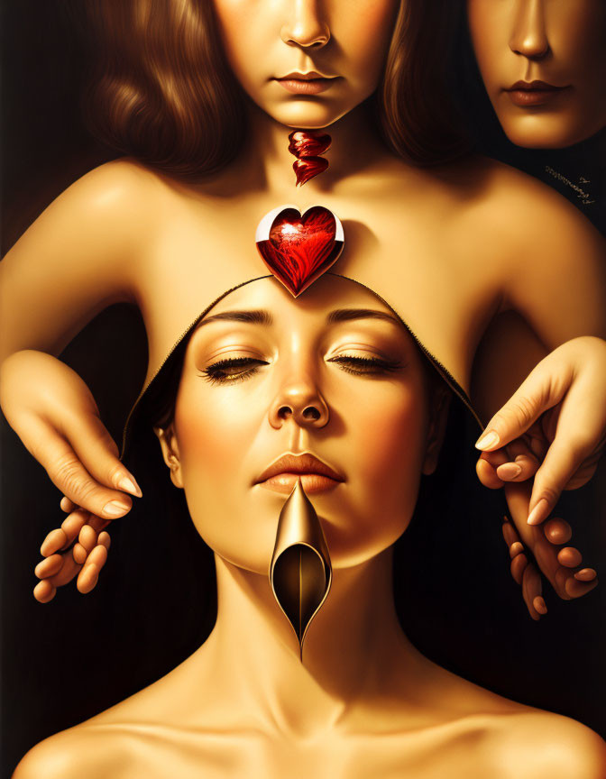 Surreal artwork: Three female faces with red heart and entwined hands