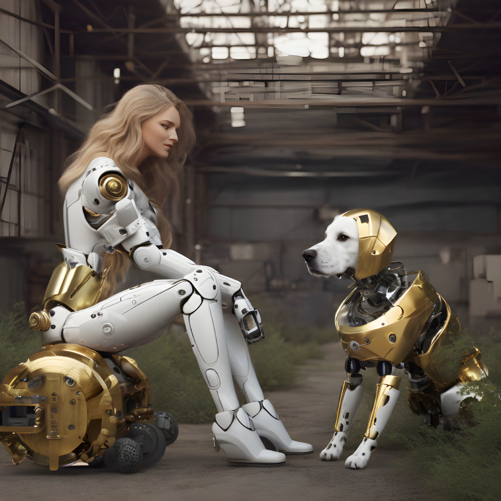 Female android in white and gold with a robotic dog in matching gold headpiece in dim industrial setting