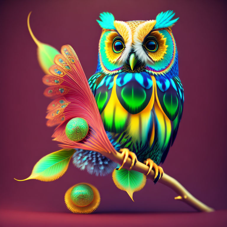 Colorful Owl with Peacock Feather Wing on Branch Against Maroon Background