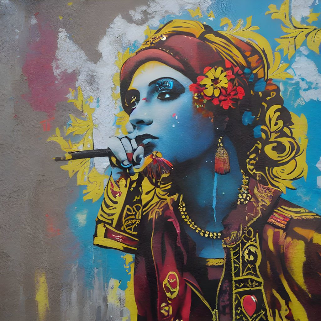 Vibrant street art: woman with blue skin, red headscarf, gold jewelry, brush