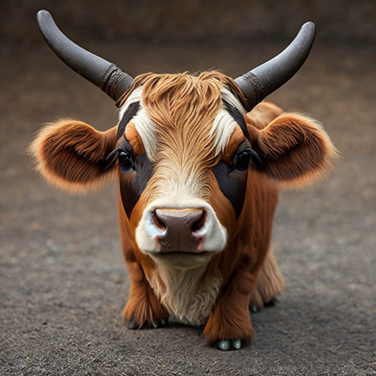 Shaggy Highland Cow with Long Horns in Brown and White Fur