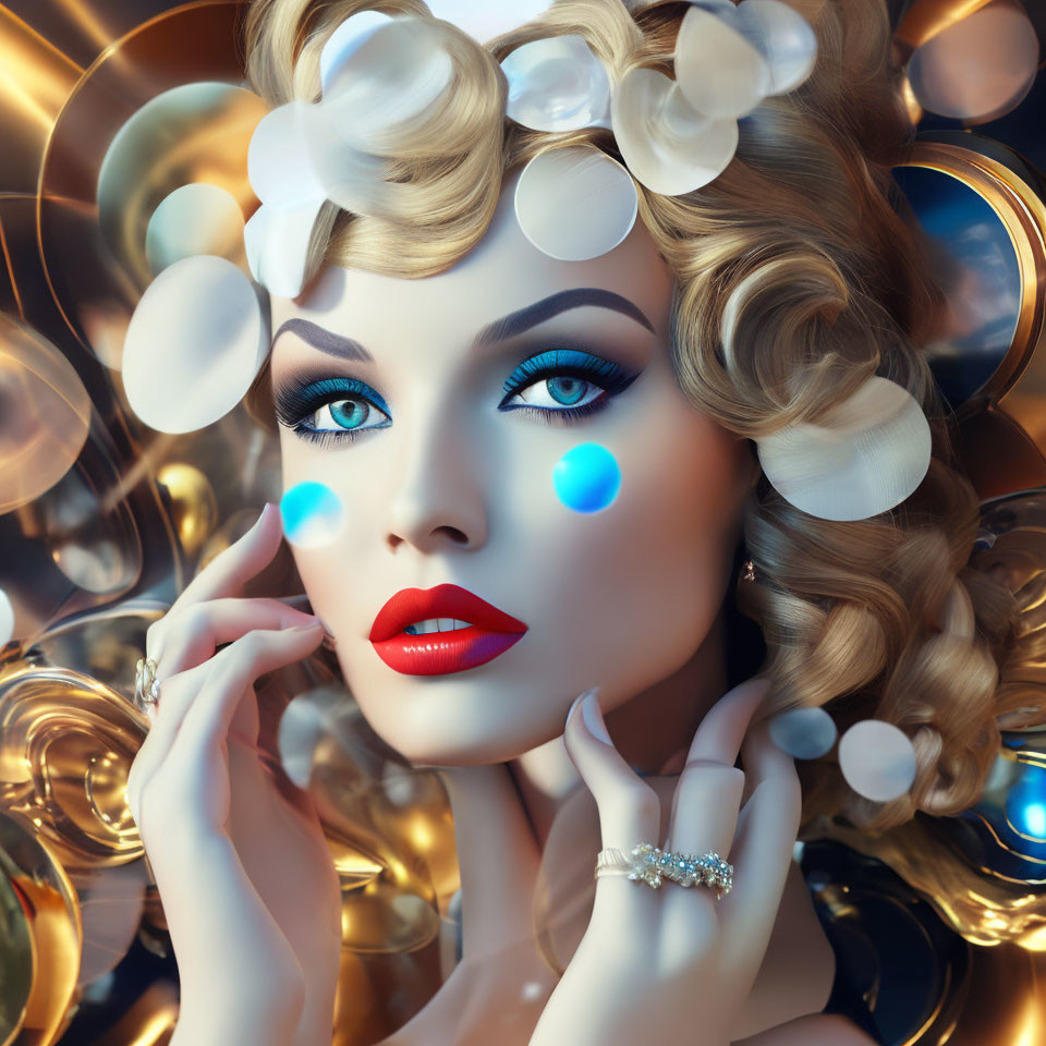 Stylized portrait of woman with blue eyes, red lips, blonde hair on golden background