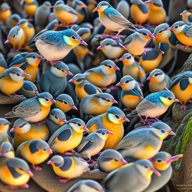 Colorful Whimsical Birds Perched Together in Blue, Yellow, Pink Feathers