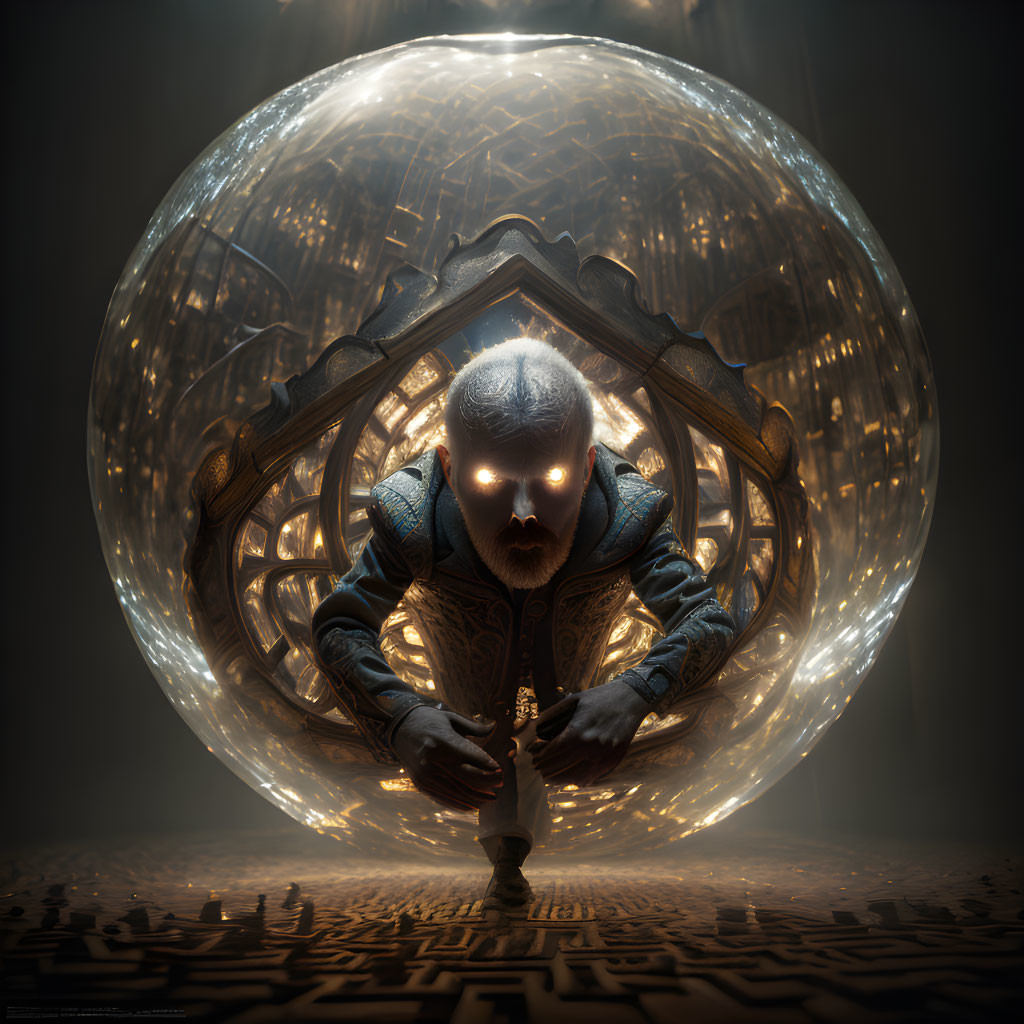 Intense gaze from person in ornate spherical structure with glowing patterns