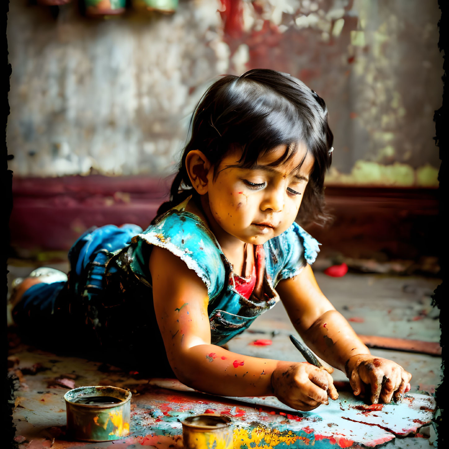 Young child painting with colors on face and hands in art studio.