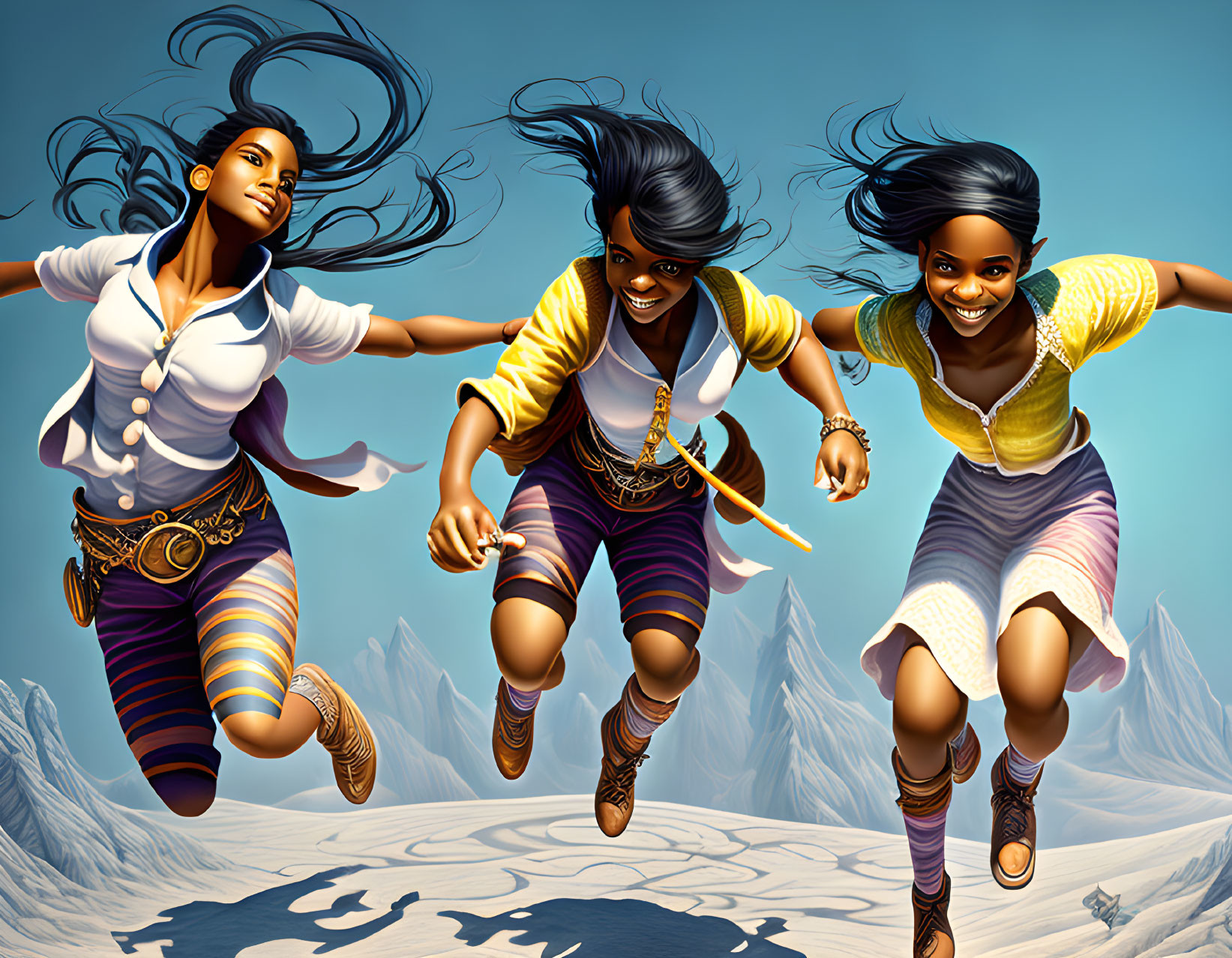 Three female characters joyfully leaping against mountainous backdrop