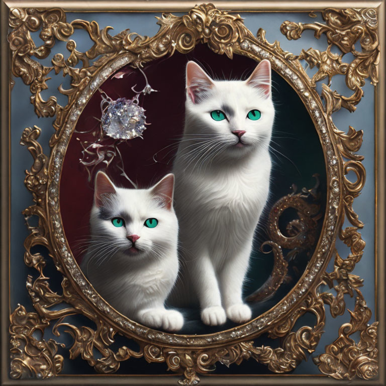 Two white cats with blue eyes in golden frame on crimson backdrop with shattered glass effect