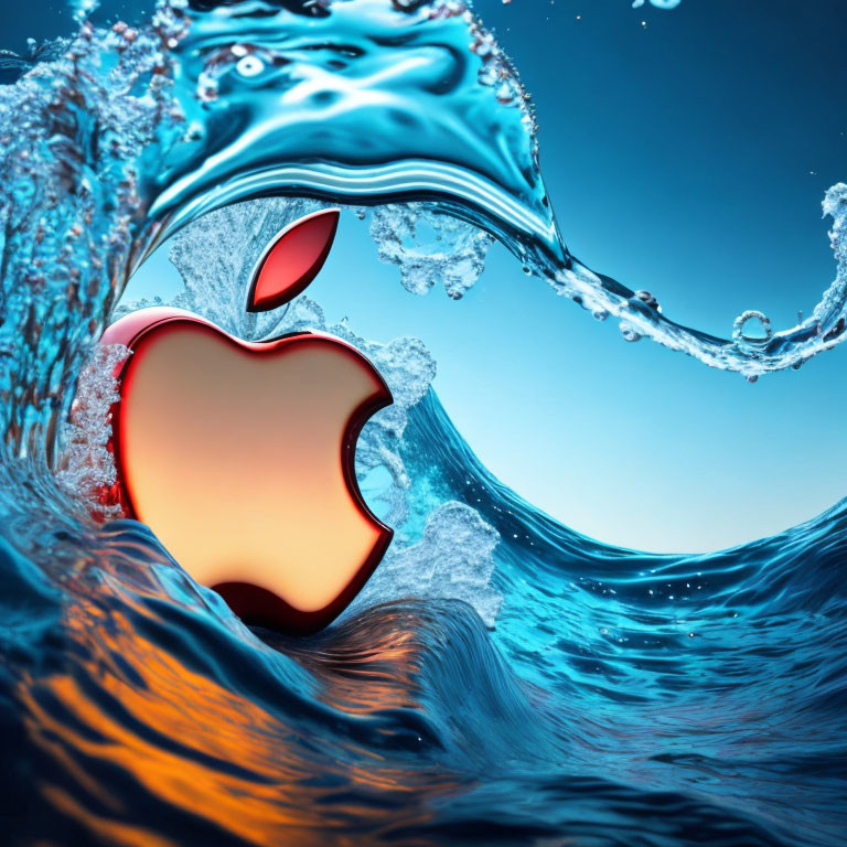 Apple logo in dynamic water splash against blue backdrop