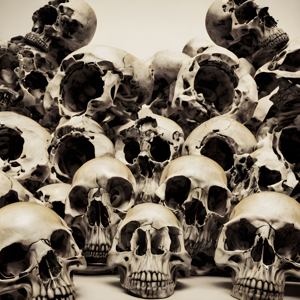 Human skulls in varying decay on neutral background