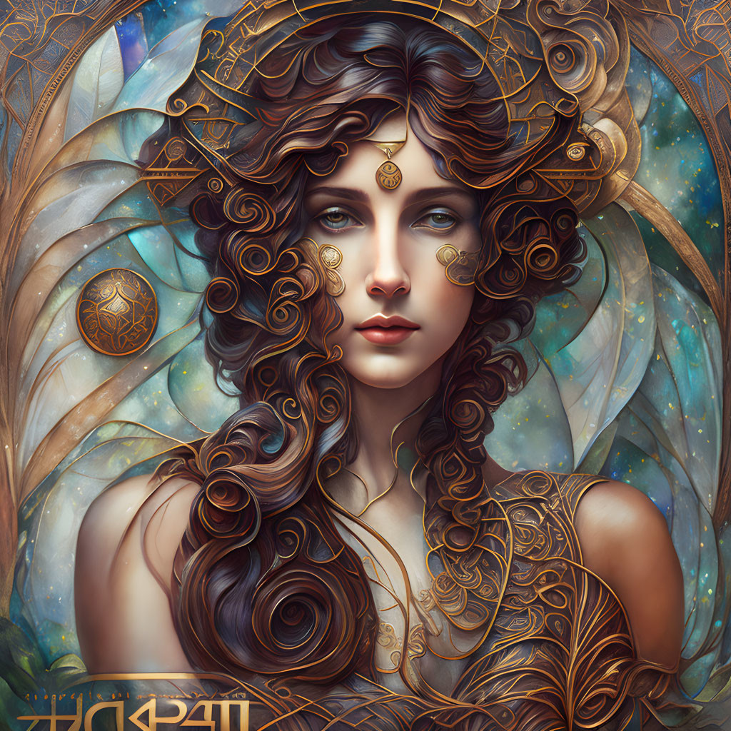 Detailed artwork of woman with flowing curls and ornate jewelry in mystical, starry setting