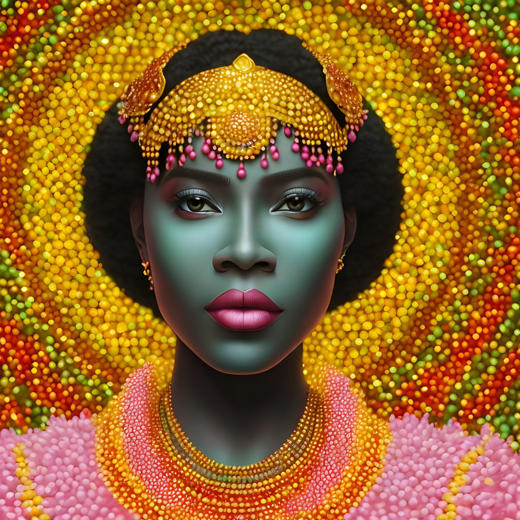 Vibrant digital portrait of woman with multicolored beaded background